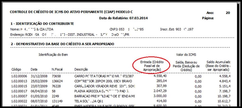 Figura 27 Relatório CIAP (ICMS) - Parte página 1. As demonstrações efetivas dos Bens apropriados no CIAP estão listadas na sequência do relatório como mostra a Figura 28.