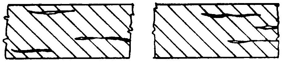 Defeitos por trincas As trincas podem ocorrer na face do corte, tanto na região superior, como inferior da chapa (Fig. 77). Trincas na face do corte Fig.