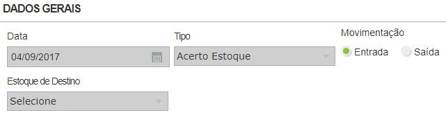 No campo TIPO, escolha a opção de acerto do estoque e preencha os campos obrigatórios, em cinza escuro. Depois de selecionar o produto em questão, clique em INCLUIR.