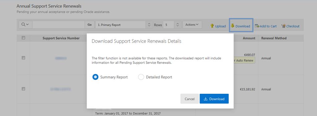 Download dos detalhes da renovação de Serviços de Suporte Download detalhado e de resumo: O relatório detalhado e de resumo pode ser acessado no link Download no lado direito das seguintes telas: