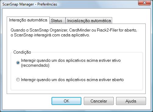 Configurando o ScanSnap Manager (Windows) Alterando o modo de integração automática Altere as opções do modo de integração automático seguindo as instruções abaixo. 1.