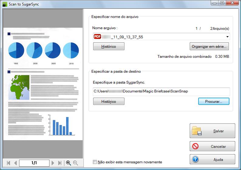 Ações (Windows) 7. Verifique a imagem digitalizada na janela de visualização. Na janela [Scan to SugarSync] é possível renomear o arquivo e especificar a pasta SugarSync.