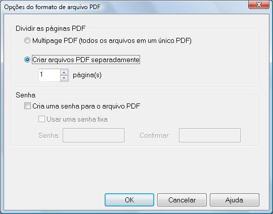 Usando o ScanSnap de várias formas (Windows) 3. Selecione [Criar arquivos PDF separadamente (n) página(s)] e insira o número de páginas que deseja dividir.