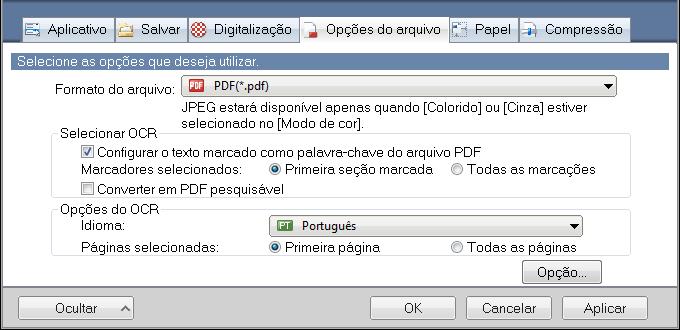 Usando o ScanSnap de várias formas (Windows) 2. Na lista suspensa [Formato do arquivo] da guia [Opções do arquivo], selecione [PDF (*.pdf)].