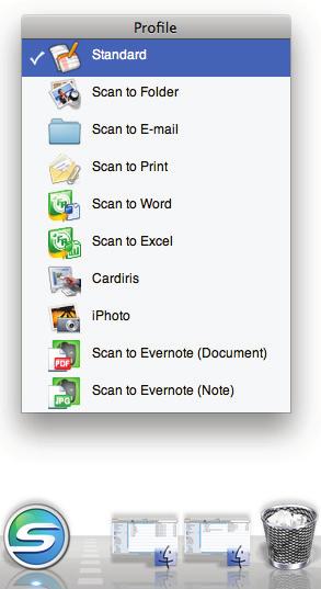 Ícones e operações do ScanSnap Manager (Mac OS) Menu de perfis Este menu será exibido ao clicar o ícone do ScanSnap Manager. Os perfis disponíveis serão exibidos no menu de perfis.