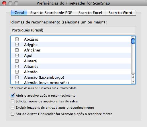 Ações (Mac OS) As configurações aplicadas durante a conversão para documentos Word ou Excel podem ser alteradas na janela de configurações do ABBYY FineReader for ScanSnap.