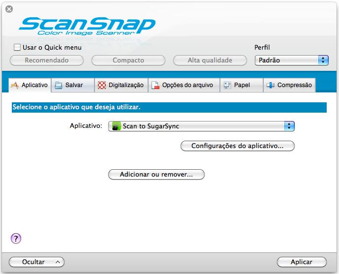 Ações (Mac OS) Operações com o Quick menu desativado Para desativar o Quick menu, a caixa de seleção [Usar o Quick menu] deve estar desmarcada na janela de configurações do ScanSnap.