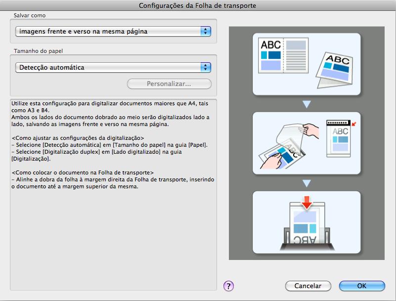 Usando o ScanSnap de várias formas (Mac OS) 3. Selecione [imagens frente e verso na mesma página] no menu pop-up [Salvar como] e clique o botão [OK].
