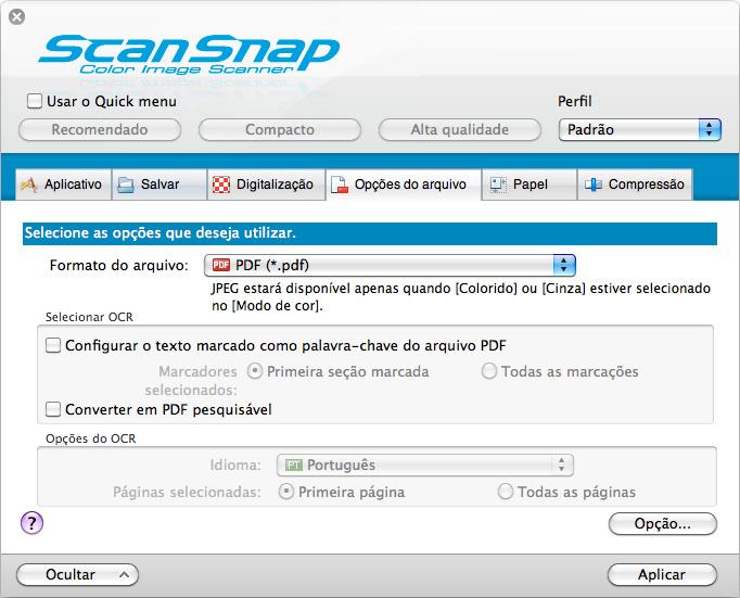 Usando o ScanSnap de várias formas (Mac OS) 2. No menu pop-up [Formato do arquivo] da aba [Opções do arquivo], selecione [PDF (*.pdf)].