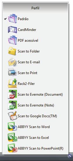 Menu do botão esquerdo Ícones e operações do ScanSnap Manager (Windows) Este menu será exibido ao clicar o ícone do ScanSnap Manager Os perfis disponíveis serão exibidos na lista.