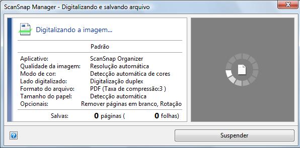 Como efetuar uma digitalização (Windows) 5. Pressione o botão [Scan] do ScanSnap para iniciar a digitalização. A configuração padrão do botão [Scan] é [Digitalização duplex].