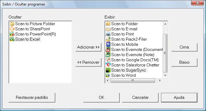 Configurando o ScanSnap Manager (Windows) Os programas são exibidos no Quick menu na mesma ordem da lista [Exibir] na janela [Exibir / Ocultar programas].