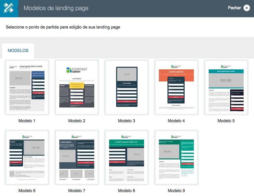 Modelos de landing page Para iniciar a criação de sua landing page é necessário selecionar um modelo que melhor se