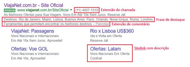 1. Pesquise pelo nome da sua empresa 1. Pesquise pelo nome da sua empresa e verifique se seu anúncio está aparecendo com todas as extensões.