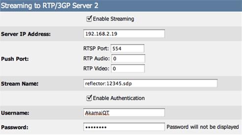 Incorporam o endereço IP de Um ou Mais Servidores Cisco ICM NT de seu ponto de entrada. A porta RTSP é ajustada a 554. Nome do córrego: 12345 são a porta do refletor fornecida por Akamai.