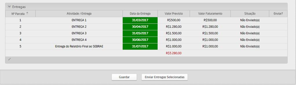 Entrega de atividade: Para realizar a entrega de uma atividade, selecione a atividade a ser entregue clicando sobre a linha correspondente e depois clique no