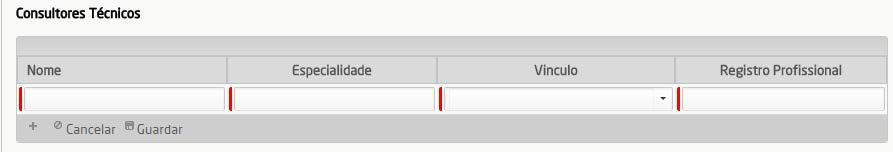 Orientações: Clique no símbolo consultor técnico: (soma) no canto inferior esquerdo da caixa cinza para adicionar um Ao clicar nesse botão, novos campos deverão ser preenchidos: Nome: informar o nome