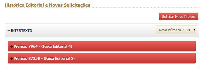 7. SOLICITAÇÃO DE ISBN ONLINE Para solicitar ISBN online, o editor que já possui prefixo editorial deverá clicar em Histórico Editorial e escolher a opção Novo número de ISBN.