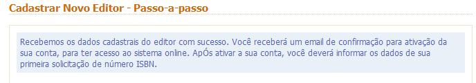 Após confirmar o cadastro, o editor receberá o seguinte aviso: