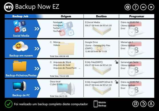 Janela Backup Abre o menu de Opções. Inicia o arquivo de ajuda do Backup Now EZ 5. Minimiza o programa Backup Now EZ 5. Fecha o programa.