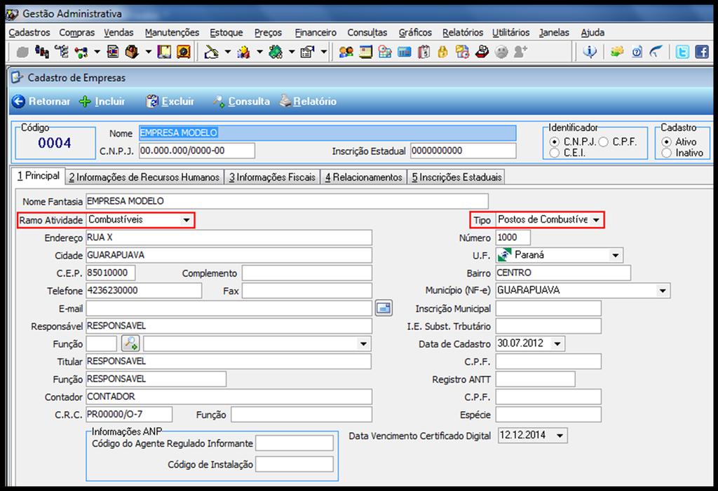 2. GESTÃO ADMINISTRATIVA 2.1 CADASTROS Vários cadastros são necessários para a adaptação do sistema para uso em Postos de Combustível. 2.1.1 CADASTRO DE EMPRESAS Para que o sistema atenda a Postos de Combustíveis a primeira configuração a ser realizada é no cadastro da própria empresa.