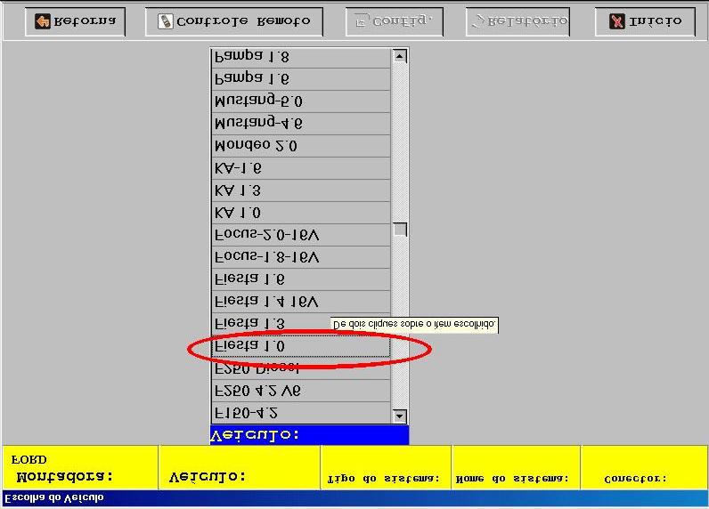 d) Tela de escolha do veículo: Para selecionar um novo veículo deve-se escolher a opção desejada, dando duplo clique