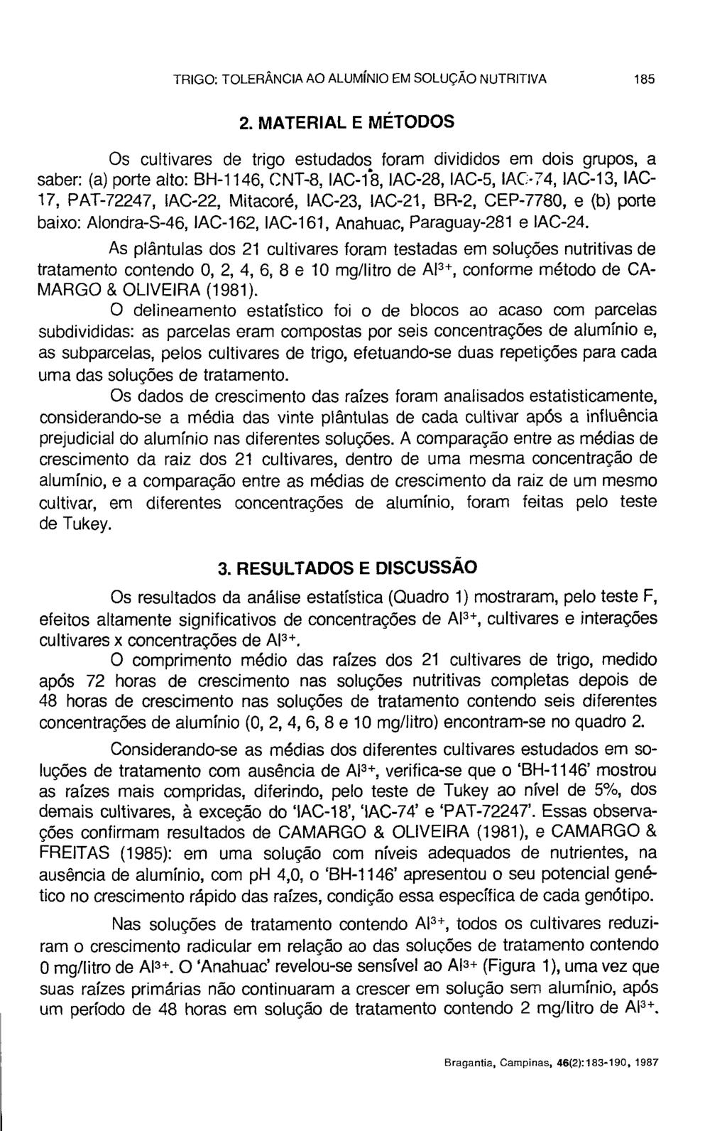 2. MATERIAL E MÉTODOS Os cultivares de trigo estudados foram divididos em dois grupos, a saber: (a) porte alto: BH-1146, CNT-8, IAC-18, IAC-28, IAC-5, IAC-74, IAC-13, IAC- 17, PAT-72247, IAC-22,