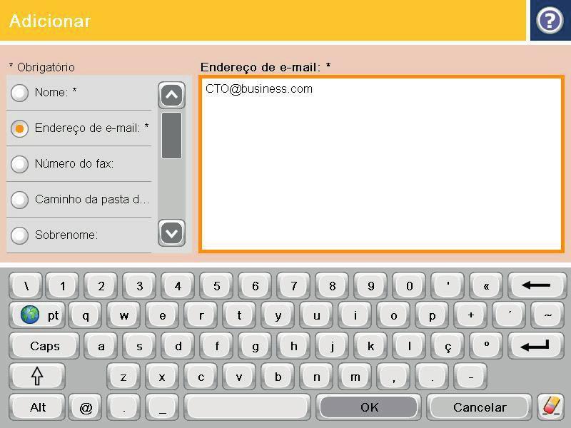 4. No campo Nome, digite o nome do contato. 5. Na lista de menus, selecione a opção Endereço de e-mail e insira o endereço de e-mail de contato. Toque no botão OK para adicionar o contato à lista.