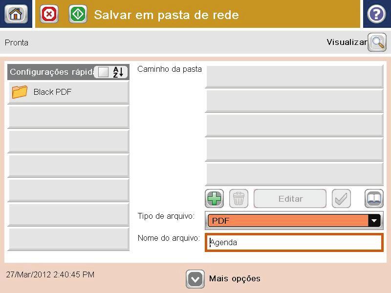 Para configurar um novo trabalho, toque no campo texto Nome do arquivo para abrir um teclado e digite o