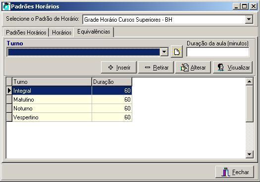 Turn: turn que será feit a análise de equivalência entre a hra relógi e a hra aula. Duraçã da aula: indica a duraçã em minuts das aulas n turn indicad.