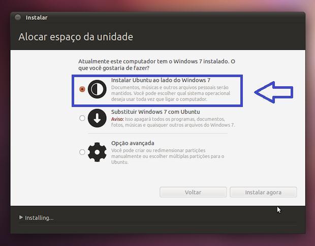 Temos três opções: instalar o Ubuntu com o Windows, substituir o Windows ou "Algo