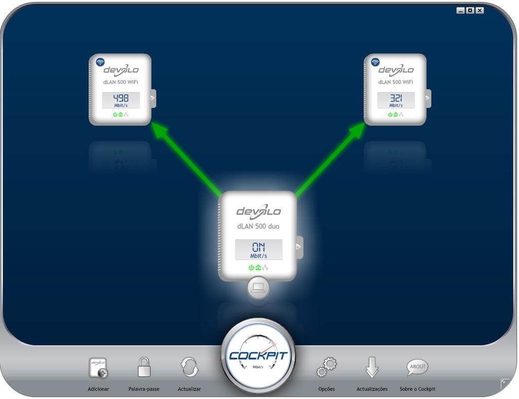 4.2 Programa devolo Cockpit O devolo Cockpit é um programa de monitorização e de codificação, que detecta todos os dispositivos dlan acessíveis na sua rede doméstica e os junta a uma rede devolo