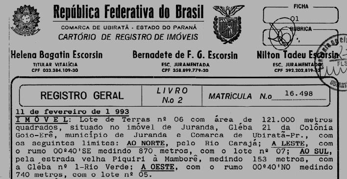 AUTO DE AVALIAÇÃO Imóvel Rural Aos 23 «vinte e três» dias do mês de Agosto do ano 2017, nesta cidade e Comarca de Ubiratã Estado do Paraná República Federativa do Brasil, em cumprimento ao