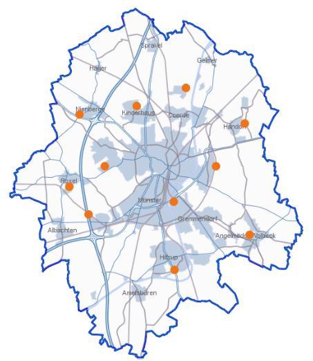 Figura 43 - Localização dos 11 Ecocentros da Cidade (Fonte: AWM) Em termos de infraestruturas a AWM tem, para além dos onze centros de reciclagem, uma central de tratamento na zona de Coerde, a