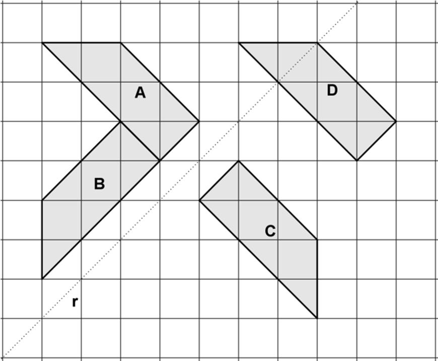Prova Final de Matemática (2012 - Caderno 2) 12. Considera os polígonos congruentes A, B, C e D. 12.1. Qual o polígono que corresponde ao transformado do polígono A por uma rotação de 90º no sentido positivo?