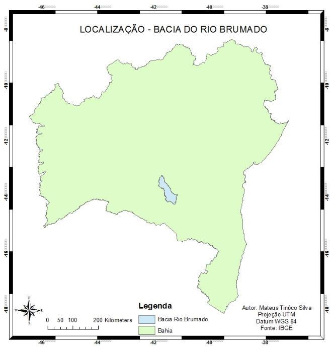 2. Material e Métodos A bacia hidrográfica do Rio Brumado possui 3193 km² está localizada na mesorregião centrosul da Bahia, na Região Hidrográfica do Atlântico Leste, no bioma Caatinga, sendo este