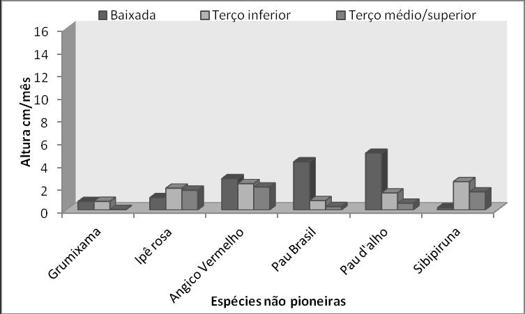 Figura 9. Crescimento em altura de espécies florestais não pioneiras nas três posições de relevo em experimento em Itaboraí, RJ.