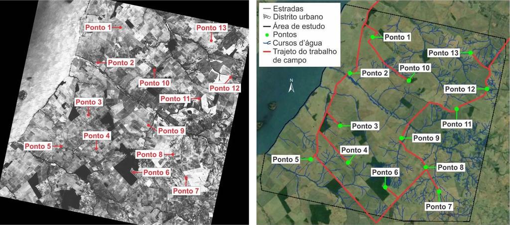 DOI: http://dx.doi.org/10.4025/bolgeogr.v35i1.34638 32 Figura 2 Localização dos 13 pontos nas imagens ALOS/PRISM e Google Earth e trajeto percorrido em campo Elaboração: os autores (2014).