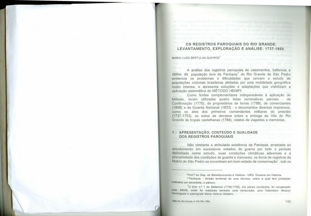 OS REGISTROS PAROQUIAIS DO RIO GRANDE: LEVANTAMENTO, EXPLORAÇÃO E ANÁLISE: 1737-1850.