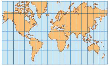 Projeção de Mercator Nesta projeção os meridianos e os paralelos são linhas retas que se cortam em ângulos retos.