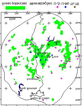 Técnicas de Inferência Geográfica a locais de ocorrências de rochas potássicas, cortadas por falhamentos e com valores de intensidade radioativa entre 2,5 e 3,5 vezes o background regional.