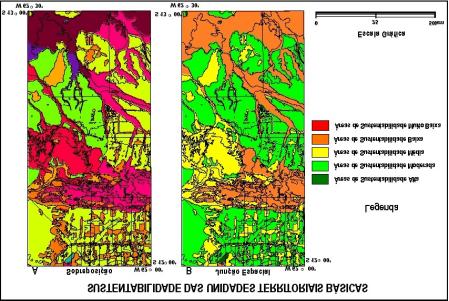 Geoprocessamento em Projetos Ambientais10-31 }; }// FIM DO PROGRAMA. O resultado da execução deste programa pode ser observado na Figura 10.14-B. Comparando-se os dois geo-campos temáticos (Figura 10.