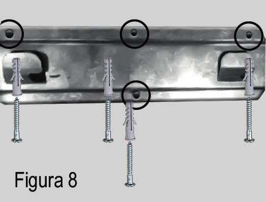 O suporte de parede deve ser fixado com os 3 furos superiores virados para cima, de forma que a coifa possa ser corretamente encaixada.