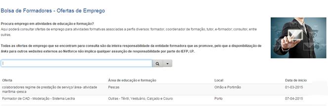 3. Menus de acesso ao público 3.1. Oferta de emprego Neste menu os utentes poderão consultar as ofertas de emprego inseridas pelas entidades formadoras registadas no netforce.