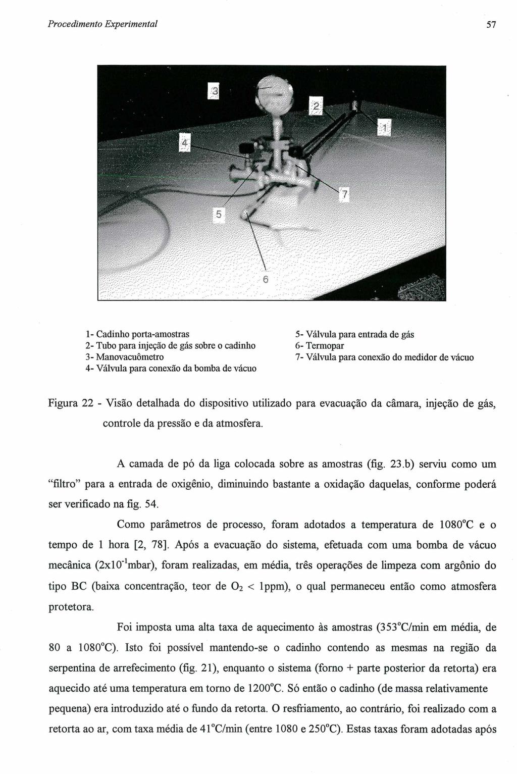 Procedimento Experimental 57 1 - Cadinho porta-amostras 5- Válvula para entrada de gás 2- Tubo para injeção de gás sobre o cadinho 6- Termopar 3- Manovacuômetro 7- Válvula para conexão do medidor de