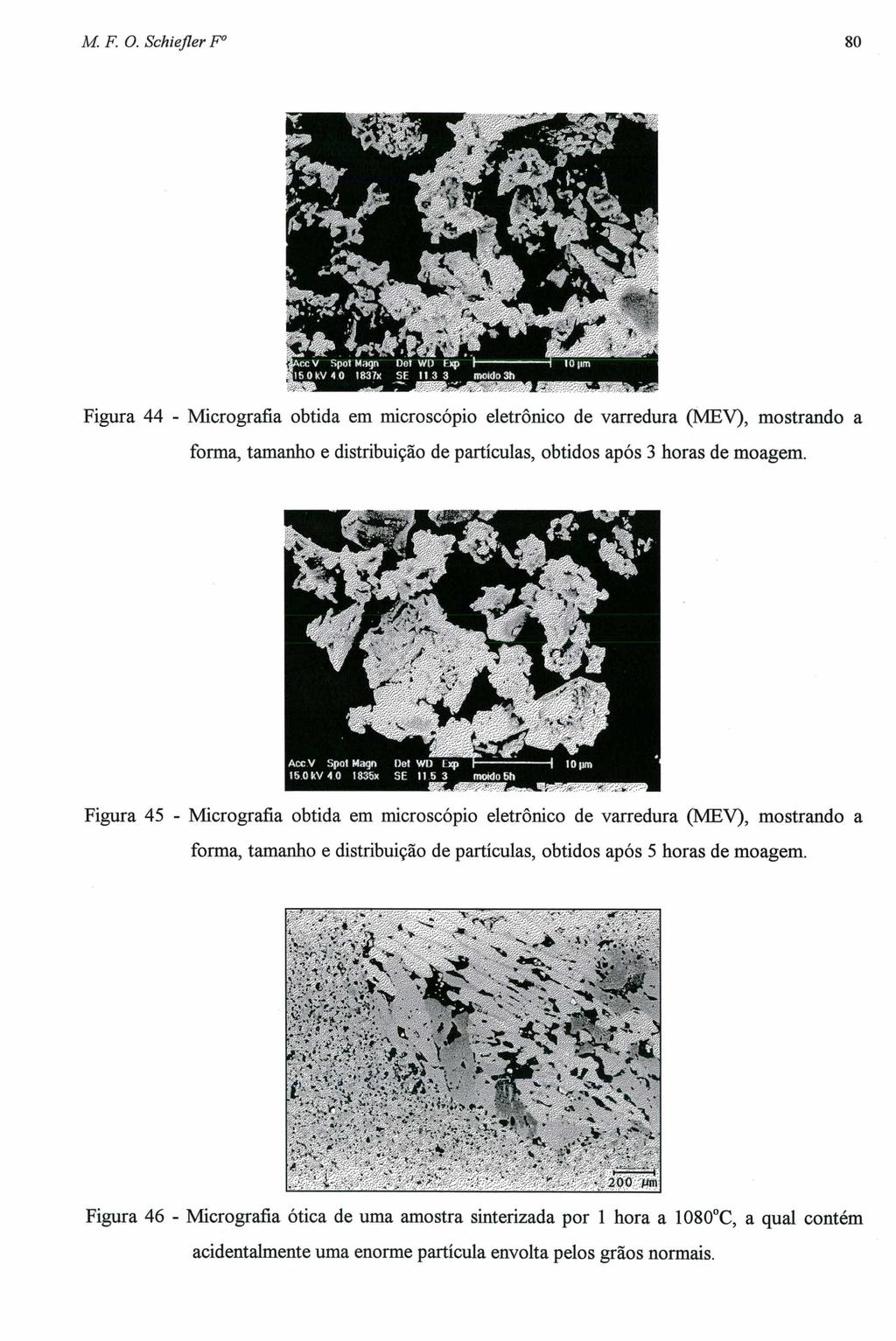 M. F. O. Schiejler F 80 Figura 44 - Micrografia obtida em microscópio eletrônico de varredura (MEV), mostrando a forma, tamanho e distribuição de partículas, obtidos após 3 horas de moagem.