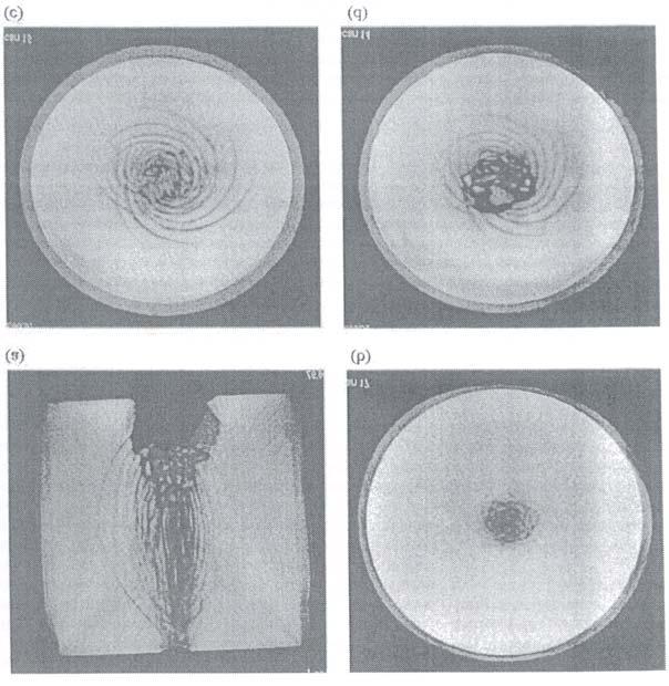 36 Figura 2.15 Imagens tomográficas após o ensaio: (a) Seção longitudinal, (b) seção transversal do topo, (c) meio) e (d) base do corpo de prova (Vardoulakis et al, 2001).