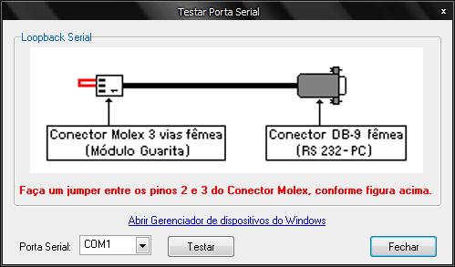 É possível verificar a integridade da Porta Serial em um teste simples efetuado via software. Clique no menu Configurar e selecione a opção Testar Porta Serial.