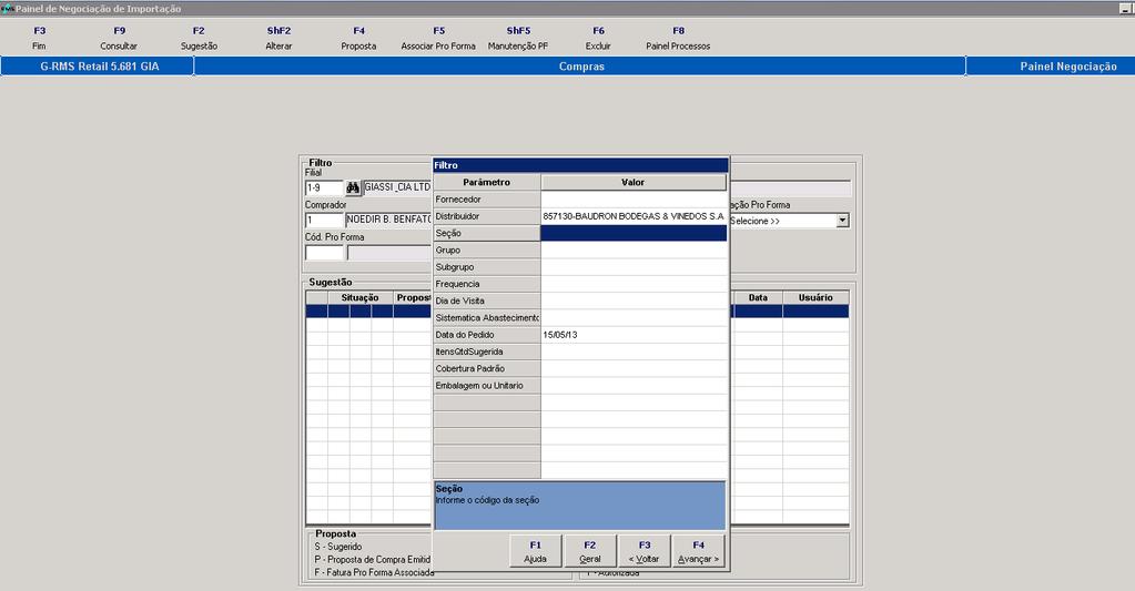 Geração da Sugestão Informar os códigos do Fornecedor e Comprador. Clicar no botão F2-Sugestão, onde deve ser gerada a sugestão de compras para iniciar o processo de negociação.