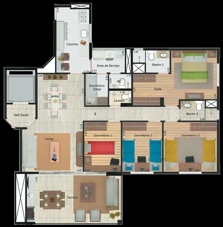 Planta 4 dorms. 127 M² privativos Planta tipo * Planta opção (com living ampliado) Sala de Jantar Mais conforto para os amigos, mais espaço e privacidade para você e sua família.